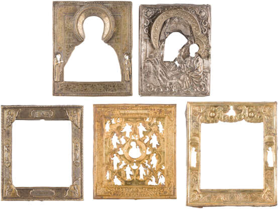 FIVE OKLADS AND BASMAS OF ICONS SHOWING PORTAITS OF THE MOTHER OF GOD AND ST. JOHN - фото 1