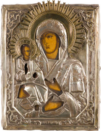 A SMALL ICON SHOWING THE THREE-HANDED MOTHER OF GOD WITH OKLAD - photo 1