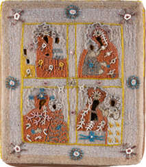 A QUADRI-PARTITE ICON SHOWING PORTRAITS OF THE MOTHER OF GOD WITH AN EMBROIDERED OKLAD
