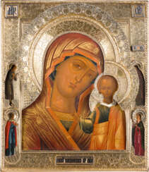 A VERY FINE AND LARGE ICON SHOWING THE KAZANSKAYA MOTHER OF GOD WITH A SILVER-GILT AND