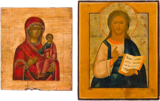 TWO SMALL ICONS: CHRIST PANTOKRATOR AND THE MOTHER OF GOD OF SMOLENSK - photo 1