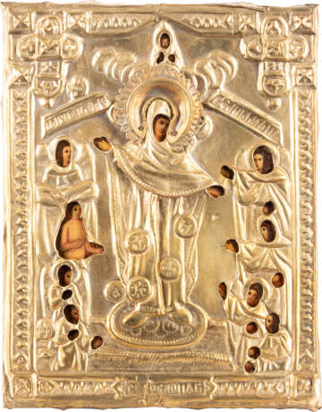 A SMALL ICON SHOWING THE MOTHER OF GOD 'JOY TO ALL WHO GRIEVE' WITH THE COINS WITH OKLAD - photo 1