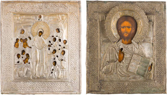 TWO ICONS WITH OKLAD: CHRIST PANTOKRATOR AND THE MOTHER OF GOD 'JOY TO ALL WHO GRIEVE' - photo 1