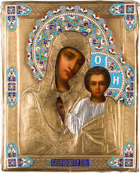 A SMALL ICON SHOWING THE KAZANSKAYA MOTHER OF GOD WITH A SILVER-GILT AND CLOISONNÉ ENAMEL
