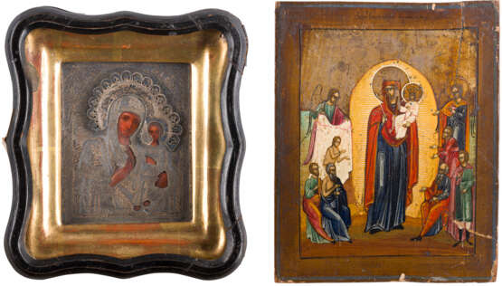 TWO SMALL ICONS SHOWING THE IVERSKAYA MOTHER OF GOD WITH A SILVER OKLAD WITHIN KYOT AND - photo 1