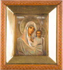 A SMALL ICON SHOWING THE KAZANSKAYA MOTHER OF GOD WITH A SILVER-GILT OKLAD WITHIN KYOT