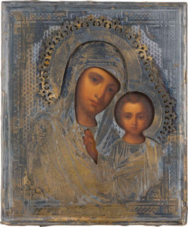 A SMALL ICON SHOWING THE KAZANSKAYA MOTHER OF GOD WITH A SILVER-GILT OKLAD - photo 1