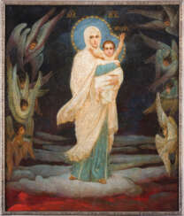 A VERY FINE ICON OF THE MOTHER OF GOD VASNETSOVSKAYA WITH AN ART NOUVEAU SILVER BASMA