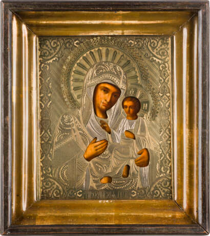 IKONE MIT DER GOTTESMUTTER VON TICHWIN (TICHWINSKAJA) MIT OKLAD IM KIOT - Foto 1