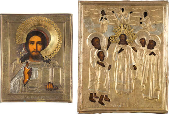 TWO SMALL ICONS WITH OKLAD: CHRIST PANTOKRATOR AND THE MOTHER OF GOD POKROV - photo 1