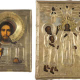 TWO SMALL ICONS WITH OKLAD: CHRIST PANTOKRATOR AND THE MOTHER OF GOD POKROV - photo 1