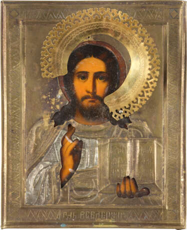 TWO SMALL ICONS WITH OKLAD: CHRIST PANTOKRATOR AND THE MOTHER OF GOD POKROV - photo 2