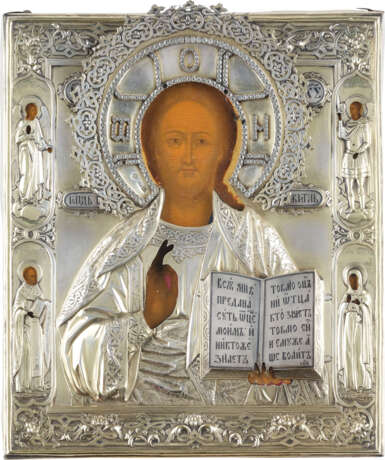 A VERY FINE ICON SHOWING CHRIST PANTOKRATOR WITH A NIELLO AND SILVER-GILT OKLAD - photo 1