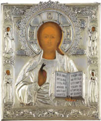 A VERY FINE ICON SHOWING CHRIST PANTOKRATOR WITH A NIELLO AND SILVER-GILT OKLAD