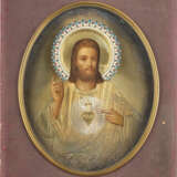 A VERY FINE AND RARE ICON SHOWING CHRIST WITH A SILVER-GILT AND CLOISONNÉ ENAMEL OKLAD - photo 1