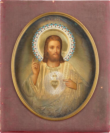A VERY FINE AND RARE ICON SHOWING CHRIST WITH A SILVER-GILT AND CLOISONNÉ ENAMEL OKLAD - photo 1