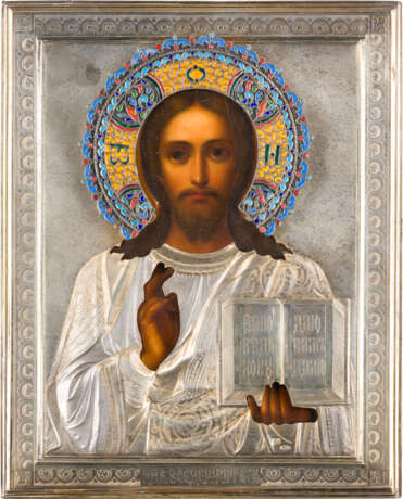 KLEINE IKONE MIT CHRISTUS PANTOKRATOR MIT VERMEIL- UND CLOISONNÉ-EMAIL-OKLAD - Foto 1