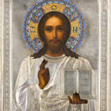 KLEINE IKONE MIT CHRISTUS PANTOKRATOR MIT VERMEIL- UND CLOISONNÉ-EMAIL-OKLAD - Foto 1