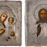 TWO SMALL ICONS WITH SILVER OKLAD: CHRIST PANTOKRATOR AND THE SMOLENSKAYA MOTHER OF GOD - фото 1