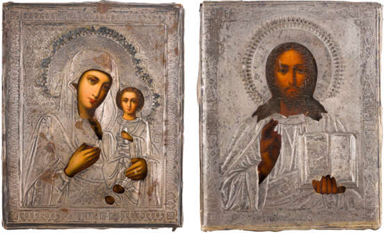 TWO SMALL ICONS WITH SILVER OKLAD: CHRIST PANTOKRATOR AND THE SMOLENSKAYA MOTHER OF GOD - фото 1