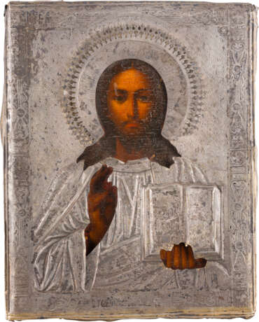 TWO SMALL ICONS WITH SILVER OKLAD: CHRIST PANTOKRATOR AND THE SMOLENSKAYA MOTHER OF GOD - фото 3