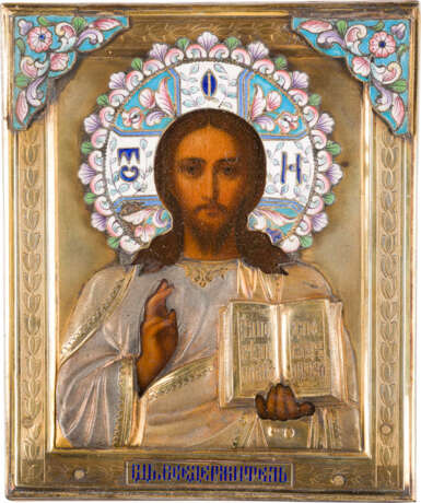 A SMALL ICON SHOWING CHRIST PANTOKRATOR WITH A SILVER-GILT AND CLOISONNÉ ENAMEL OKLAD - photo 1