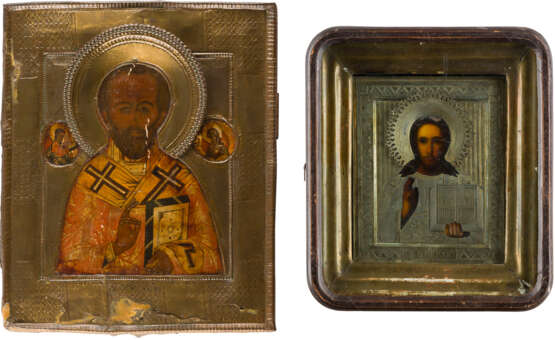 TWO ICONS WITH OKLAD: CHRIST PANTOKRATOR WITHIN KYOT AND ST. NICHOLAS OF MYRA - photo 1