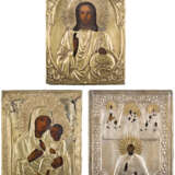 THREE ICONS WITH OKLAD SHOWING CHRIST PANTOKRATOR, THE TIKHVINSKAYA MOTHER OF GOD AND A - фото 1