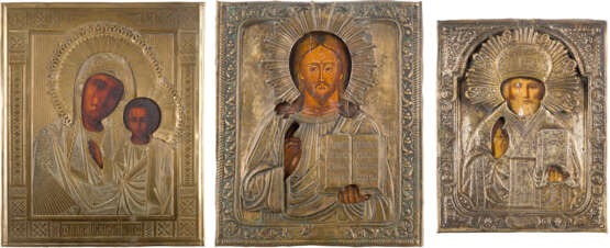 THREE ICONS WITH OKLAD SHOWING CHRIST PANTOKRATOR, THE KAZANSKAYA MOTHER OF GOD AND ST. - photo 1