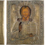THREE ICONS WITH OKLAD SHOWING CHRIST PANTOKRATOR, THE KAZANSKAYA MOTHER OF GOD AND ST. - photo 1