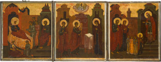 A LARGE TRIPTYCH SHOWING THE NATIVITY OF THE MOTHER OF GOD, THE ANNUNCIATION AND THE ENTRY - photo 1
