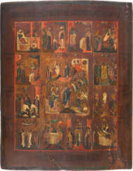 A VERY LARGE ICON SHOWING THE RESURRECTION OF CHRIST AND THE DESCENT INTO HELL SURROUNDED