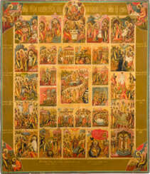 A VERY FINE ICON OF THE ANASTASIS OF CHRIST SURROUNDED BY THE NARRATIVE OF HIS PASSION AND