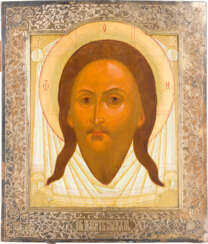 A VERY FINE ICON SHOWING THE MANDYLION WITH A SILVER-GILT BASMA