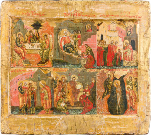 A VERY FINE AND SMALL ICON SHOWING SIX MAIN LITURGICAL FEASTS - photo 1