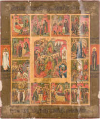 A LARGE ICON OF THE RESURRECTION AND DESCENT INTO HELL SURROUNDED BY TWELVE FESTIVALS