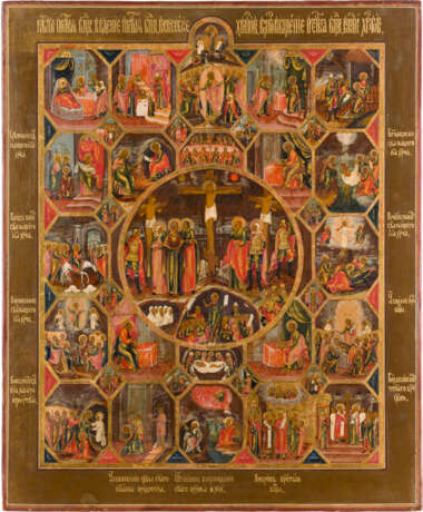 A RARE AND LARGE ICON SHOWING THE CRUCIFIXION OF CHRIST, THE PASSION AND MAIN LITURGICAL - photo 1