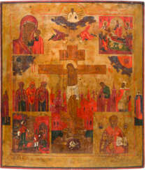 A VERY LARGE ICON SHOWING THE CRUCIFIXION OF CHRIST, IMAGES OF THE MOTHER OF GOD AND