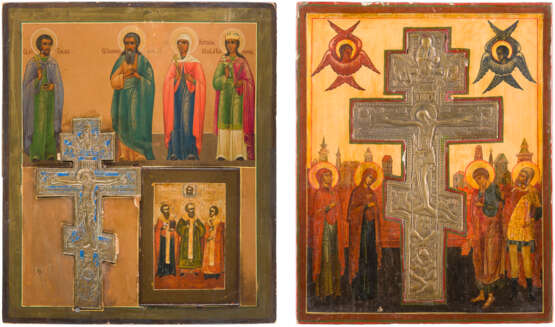 TWO STAUROTHEK ICONS SHOWING SELECTED SAINTS AND THE CRUCIFIXION OF CHRIST - photo 1