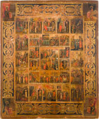AN ICON SHOWING THE ANASTASIS WITH THE PASSION CYCLE AND THE MAIN ECCLECIASTICAL FEASTS