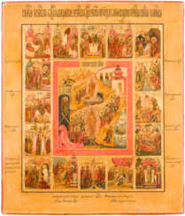 A VERY FINE ICON SHOWING THE RESURRECTION AND DESCENT WITH 16 GREAT FEASTS