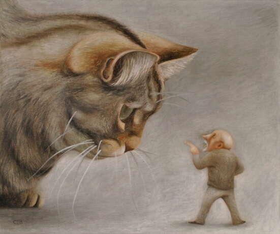 "Обучение кота" масло/холст на подрамнике La peinture à l'huile Иронический романтизм Философская жанровая сцена Russie 2025 год - photo 1