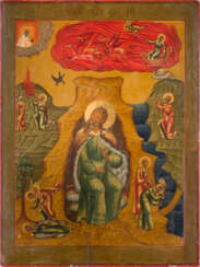 A MONUMENTAL ICON SHOWING THE PROPHET ELIJAH, HIS LIFE IN THE DESERT AND HIS FIERY ASCENT