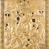 A RARE ICON SHOWING STS. GEORGE AND DEMETRIUS ON HORSEBACK WITH A STUCCO OKLAD - photo 1