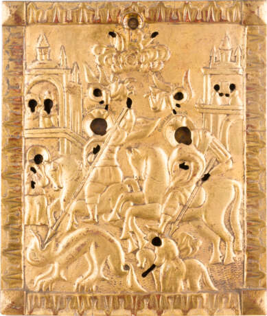 A RARE ICON SHOWING STS. GEORGE AND DEMETRIUS ON HORSEBACK WITH A STUCCO OKLAD - photo 1