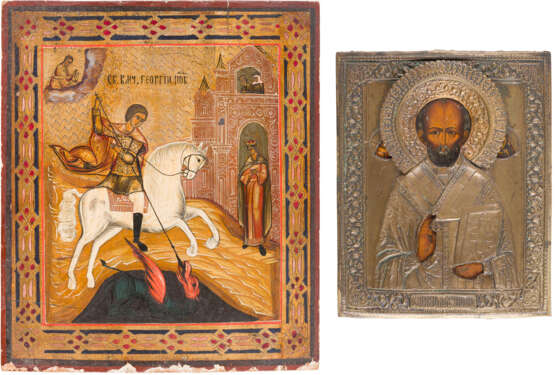 TWO ICONS: ST. NICHOLAS OF MYRA WITH OKLAD AND ST. GEORGE KILLING THE DRAGON - photo 1