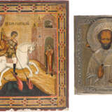TWO ICONS: ST. NICHOLAS OF MYRA WITH OKLAD AND ST. GEORGE KILLING THE DRAGON - photo 1