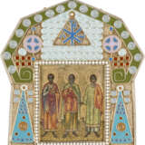 A SMALL CLOISONNÉ ENAMEL ICON SHOWING STS. SAMON, GURIY AND AVIV - фото 1