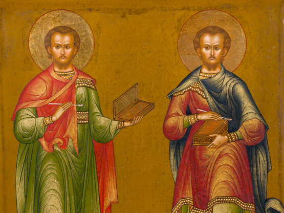 SEHR FEINE IKONE MIT DEN HEILIGEN KOSMAS UND DAMIAN - Foto 3