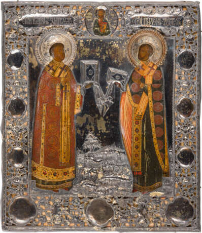 SEHR FEINE IKONE MIT DEN HEILIGEN JOHANNES CHRYSOSTOMUS UND TICHON MIT SELTENEM VERMEIL-RIZA - Foto 1